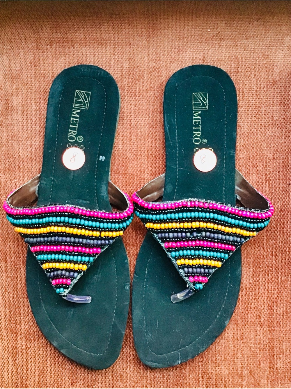 Metro Black Beaded Toe-Loop Sandals with Pink, Yellow, Blue and Green Stripes